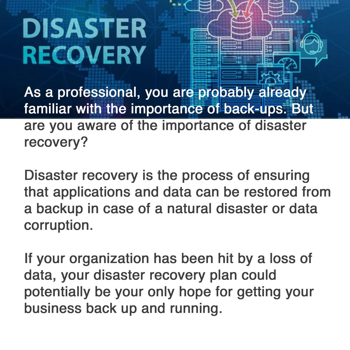 Bludivetech's tweet photo. Here's a little of what you need to know about backup and disaster recovery.
#backup #disasterrecovery #webhosting #cloudbackup #firewall #hybridcloud #bludivetech #privatecloud #datastorage #technologynews #domainservices #applicationhosting #managedservices #datacentre https://t.co/LqC93BIkyM