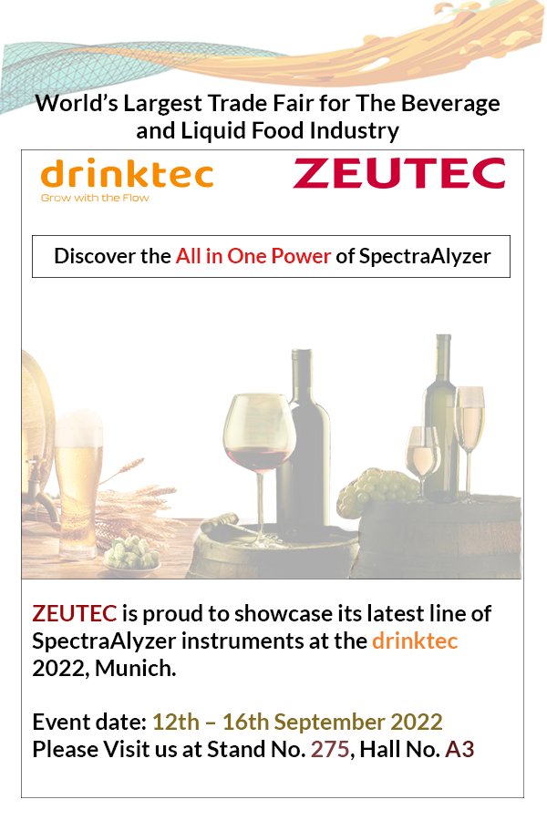 ZEUTEC is exhibiting in drinktec 2022, Munich, Germany from 12th -16th September 2022. 
For more information, please visit our page:- spectraalyzer.com
#driktec #exhibition2022 #drinks #wine #beer  #technology #internationalexhibition #analysis