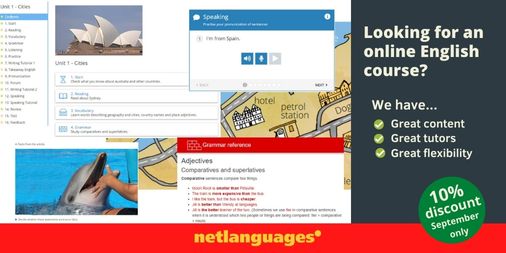 netlanguages's tweet image. Improve your English! 10% discount on all our courses. September only. Don’t miss out! bit.ly/3xbPImX
#onlineenglish #netlanguages #learningenglishonline