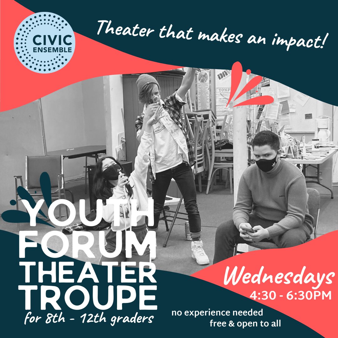 CivicEnsemble's tweet photo. Calling all 8th-12th graders - join the Youth Forum Theatre Troupe and make an impact on an issue that matters to you! https://t.co/cWRtq4TRJB #youththeatre #forumtheatre #ithaca #tompkinscounty https://t.co/D3iiGUXPII
