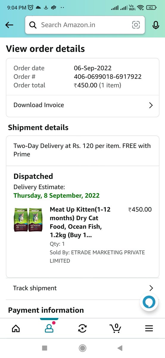 SteevenFernan11's tweet photo. Where is my order @JeffBezos @AmitAgarwal. I have placed an order 6th September was supposed to receive it on 8th September but due to delay from your end I haven't received it yet and no proper updates as well. My cats are hungry because my stock has also got over. https://t.co/F5snThpnXc