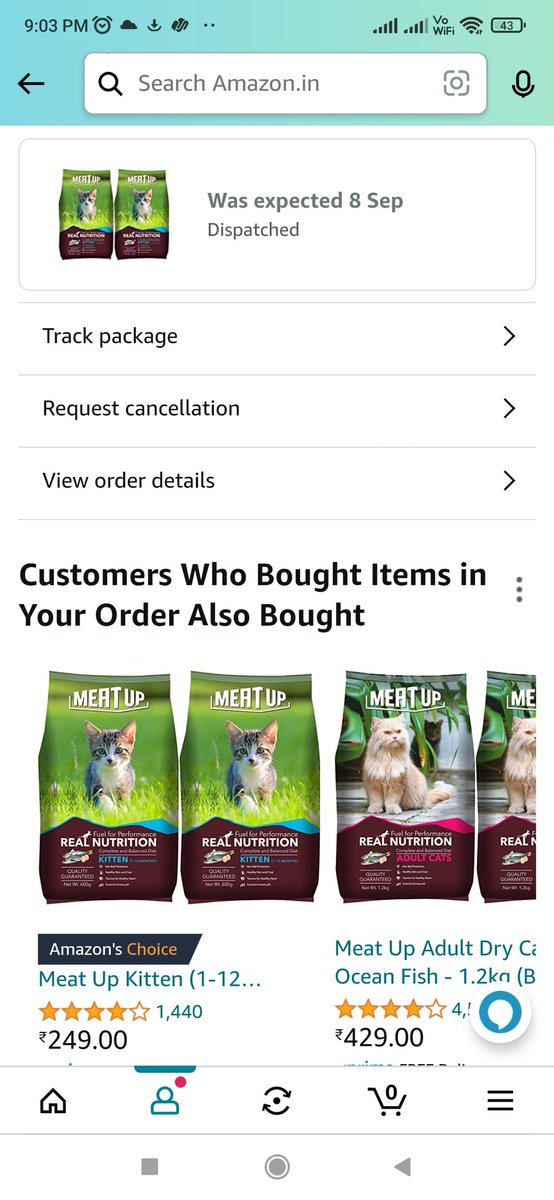 SteevenFernan11's tweet photo. Where is my order @JeffBezos @AmitAgarwal. I have placed an order 6th September was supposed to receive it on 8th September but due to delay from your end I haven't received it yet and no proper updates as well. My cats are hungry because my stock has also got over. https://t.co/F5snThpnXc