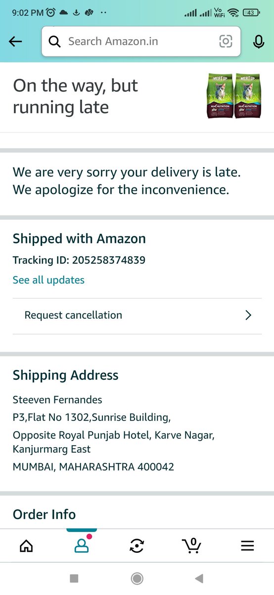 SteevenFernan11's tweet photo. Where is my order @JeffBezos @AmitAgarwal. I have placed an order 6th September was supposed to receive it on 8th September but due to delay from your end I haven't received it yet and no proper updates as well. My cats are hungry because my stock has also got over. https://t.co/F5snThpnXc