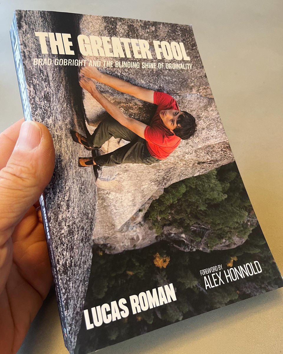 AlexHonnold's tweet photo. I just got my advanced copy of the Brad Gobright book! Very exciting to see it in real life - It’s a great portrait of an incredible climber. It makes me miss Brad. But it’s also the best way to remember him. 
You can preorder the book at the link below.

https://t.co/zkc0aSdrUF https://t.co/b57LJMm3b3