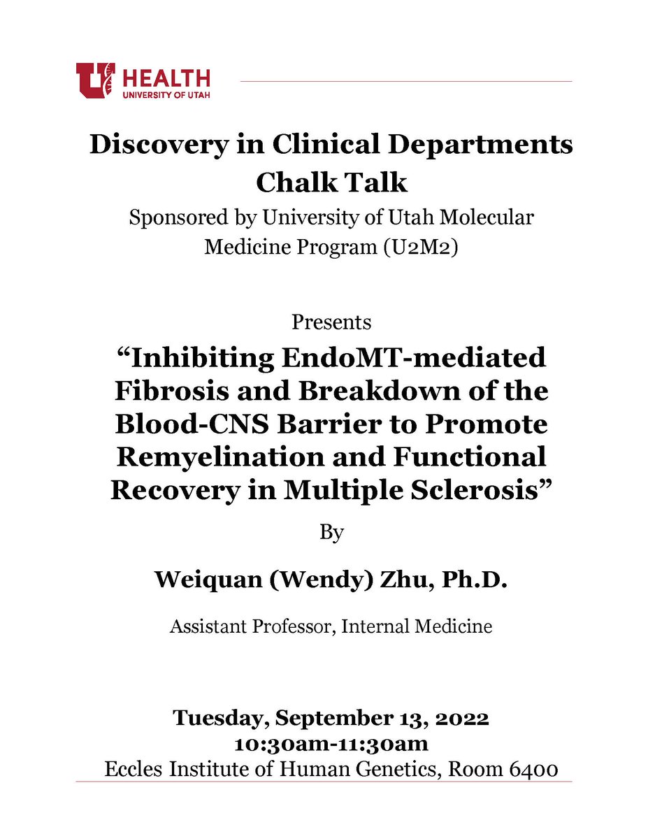 Please join us and help support Dr. Wendy Zhu for her Chalk Talk tomorrow – Tuesday, September 13th 10:30a-11:30a in EIHG Rm 6400, IN PERSON ONLY.
