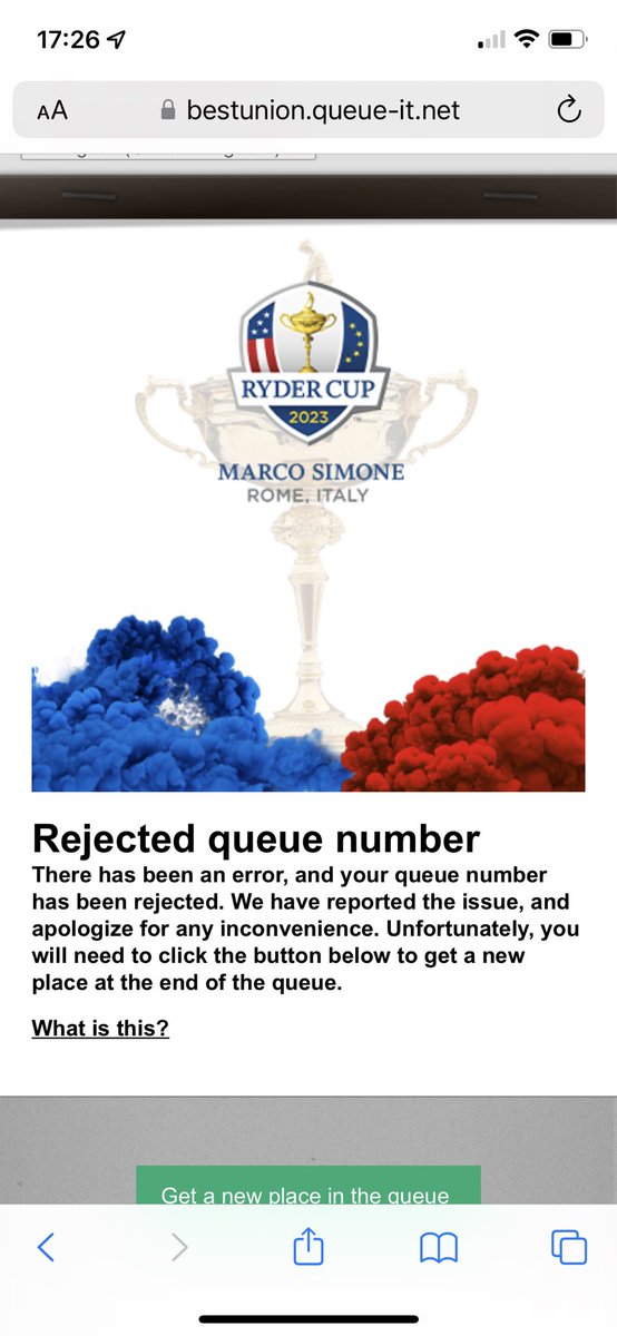 EmmaSanderson03's tweet photo. @rydercup just been in a queue for over an hour to have be told there is an issue - back in the queue again 😢 https://t.co/jxTB5DQNZF