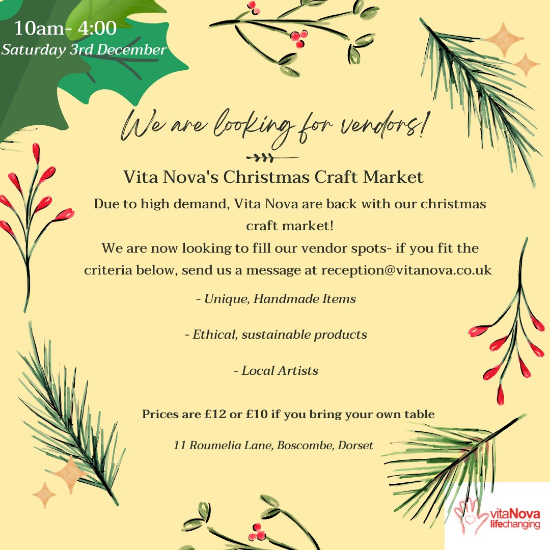 🌟VENDOR CALL-OUT🎄
Please share around the Dorset community😊

#dorsetarts #dorsetcraft #bournemouthcommunity #bournemouthcraftmarket #artscharityuk #boscombecreativealliance #boscombecraftmarket #charityevent #charityfundraiser #dorsetcreative