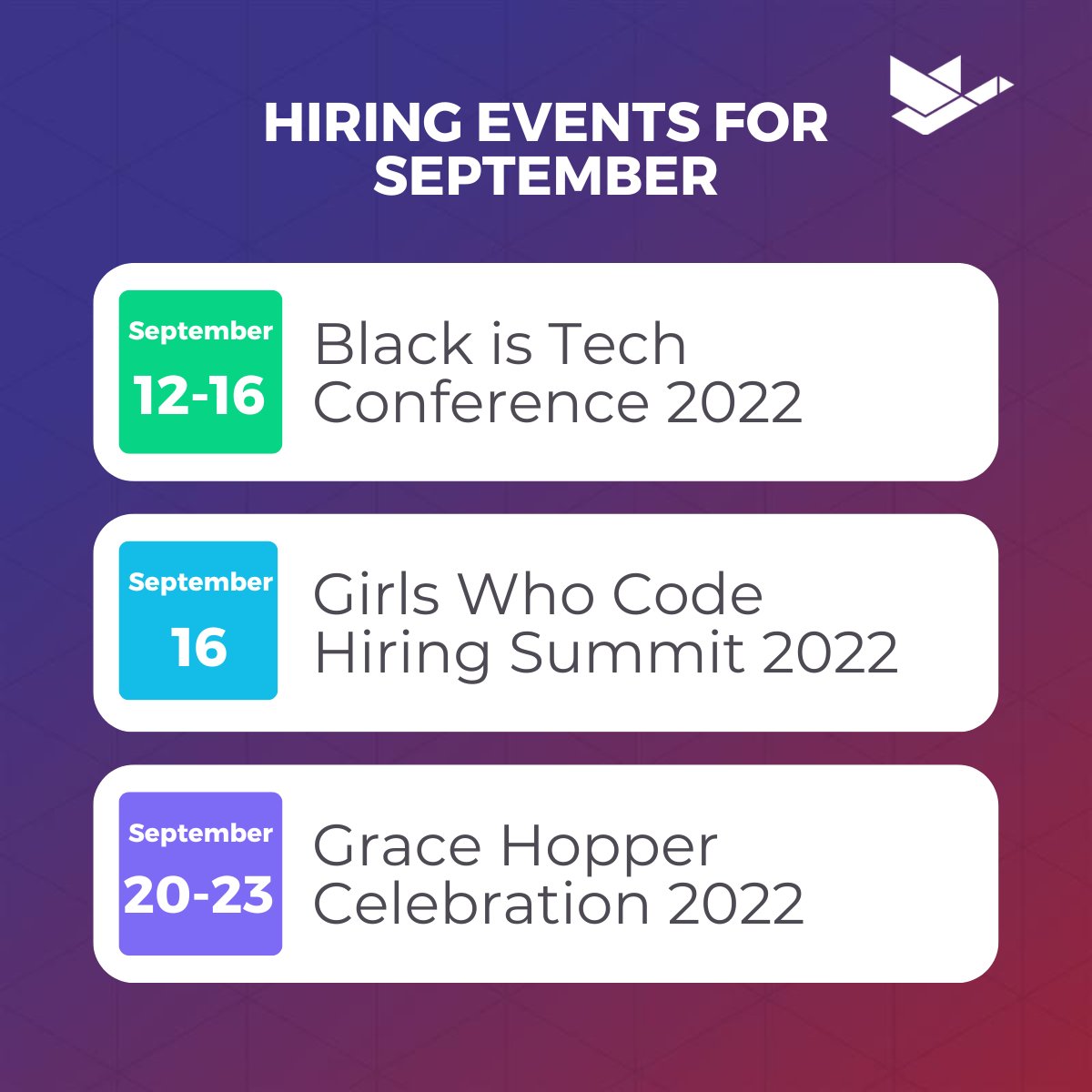 Our Recruitment Team and Talent Ambassadors at <a href="/DuckCreekTech/">Duck Creek Technologies</a> are so excited to attend 3⃣ events in September!
📍Virtual
🔗Black is Tech: okt.to/8Gze7l
🔗Girls Who Code: okt.to/9Tkpd4...
🔗Grace Hopper: okt.to/6AbFfQ
#events #conferences #HR #hiring