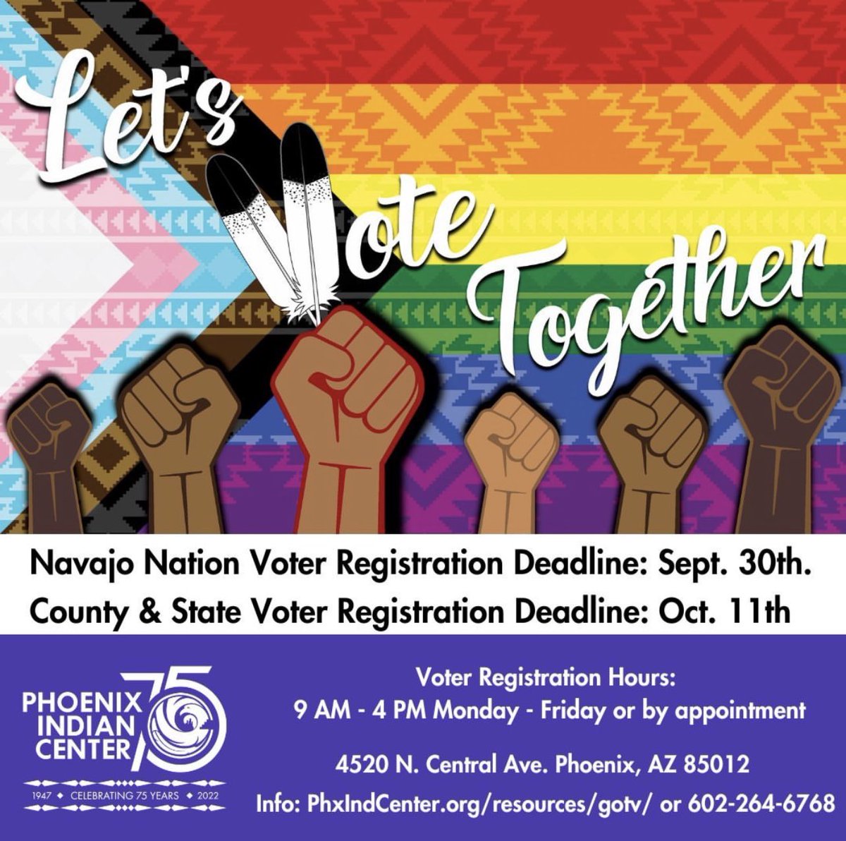 PhxIndCenter's tweet image. Stop by the Phoenix Indian Center to register for State, County, Navajo Nation elections from 8AM - 5PM, Monday - Friday. Contact 602-264-6768. For voter resources, click: phxindcenter.org/resources/gotv/ #GetOutTheVote #NativeVote22