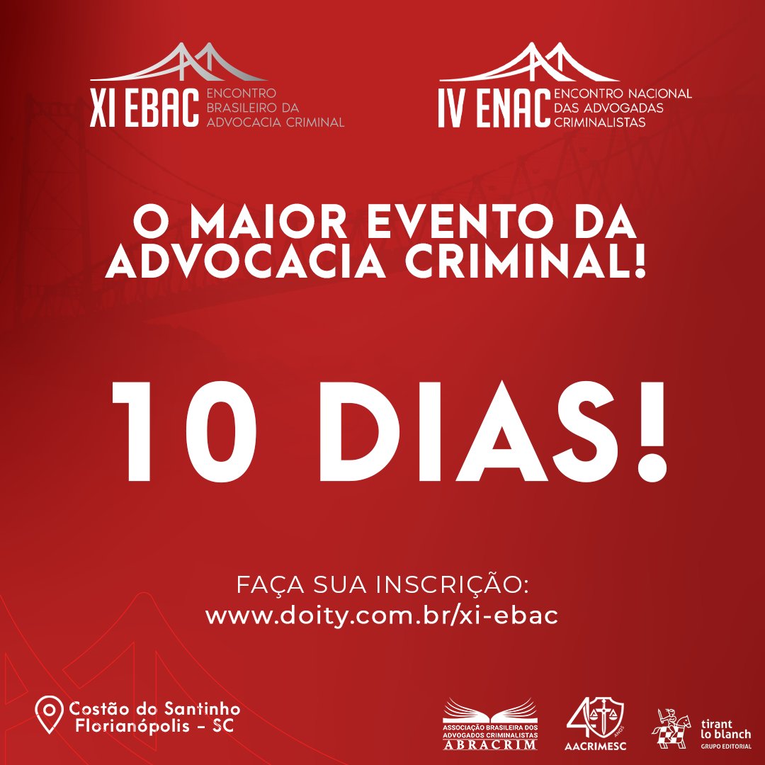 ABRACRIM's tweet photo. Faltam 10 dias para que possamos nos encontrar no MAIOR EVENTO DA ADVOCACIA CRIMINAL! 

Faça a sua inscrição e não fique de fora: https://t.co/wtWEoLWDjR https://t.co/GHJFkdDsL4