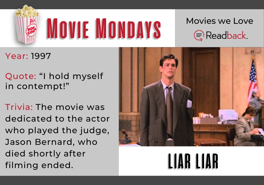 readbacklegal's tweet photo. We love the movie Liar Liar. What's your favorite Liar Liar quote?
#LiarLiarMovie #JimCarrey #MovieMonday #ReadbackLegal #ActiveReporting https://t.co/4QOVVzX4OY
