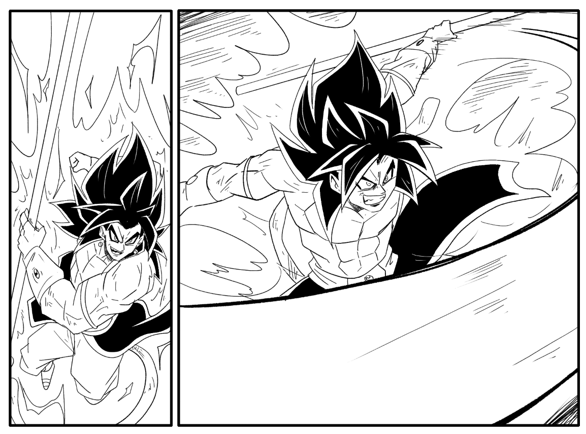 ThibaultDeboom's tweet photo. Dans mon fanmanga Dragon Ball Wrath, en super Saiyan 4 Brogetto utilise un Nyoï Bo de ki !
plus que 5 pages et j'aurais enfin reterminé ce projet tombé dans l'oubli ✌️
#Brogetto #sdbh #fanmanga #dbw #dragonballwrath https://t.co/ZdzoBQzere
