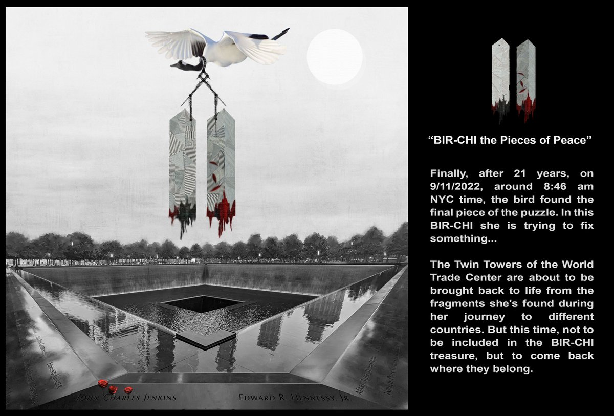 SherryFarya's tweet photo. @cryptorenya @haningwaslost @hoizon "BIR-CHI the Pieces of Peace"🖤🕊️ 0.44 $eth
Finally, after 21 years, on 9/11/2022, around 8:46 am NYC time, the bird found the final piece of the puzzle. In this BIR-CHI she is trying to fix something...
#September_11
#the_twin_towers https://t.co/qm04mIm2iO