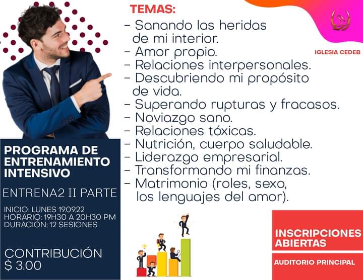 iglesiacedeb's tweet photo. CEDEB-Te invita a nuestro PROGRAMA DE ENTRENAMIENTO INTENSIVO
👉"ENTRENA2  ll PARTE"👈
INSCRIPCIONES ABIERTAS  
¡INSCRIBETE YA!...
CONTRIBUCIÓN: $3.00 
INICIO: Lunes 19 de Septiembre 2022
HORA:19H30 PM 
Dir. 9 de Octubre 1315 entre av Quito y Machala 3er Piso (Frente Banco Estado https://t.co/GYdnjMRClt