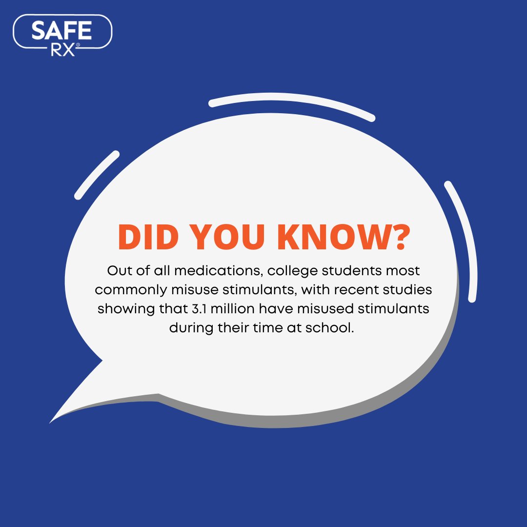 Safe_Rx's tweet photo. Fact: Out of all #medications, college students most commonly misuse #stimulants, with recent studies showing that 3.1 million have misused stimulants during their time at school.
#saferx https://t.co/lJ5hiQie5Y