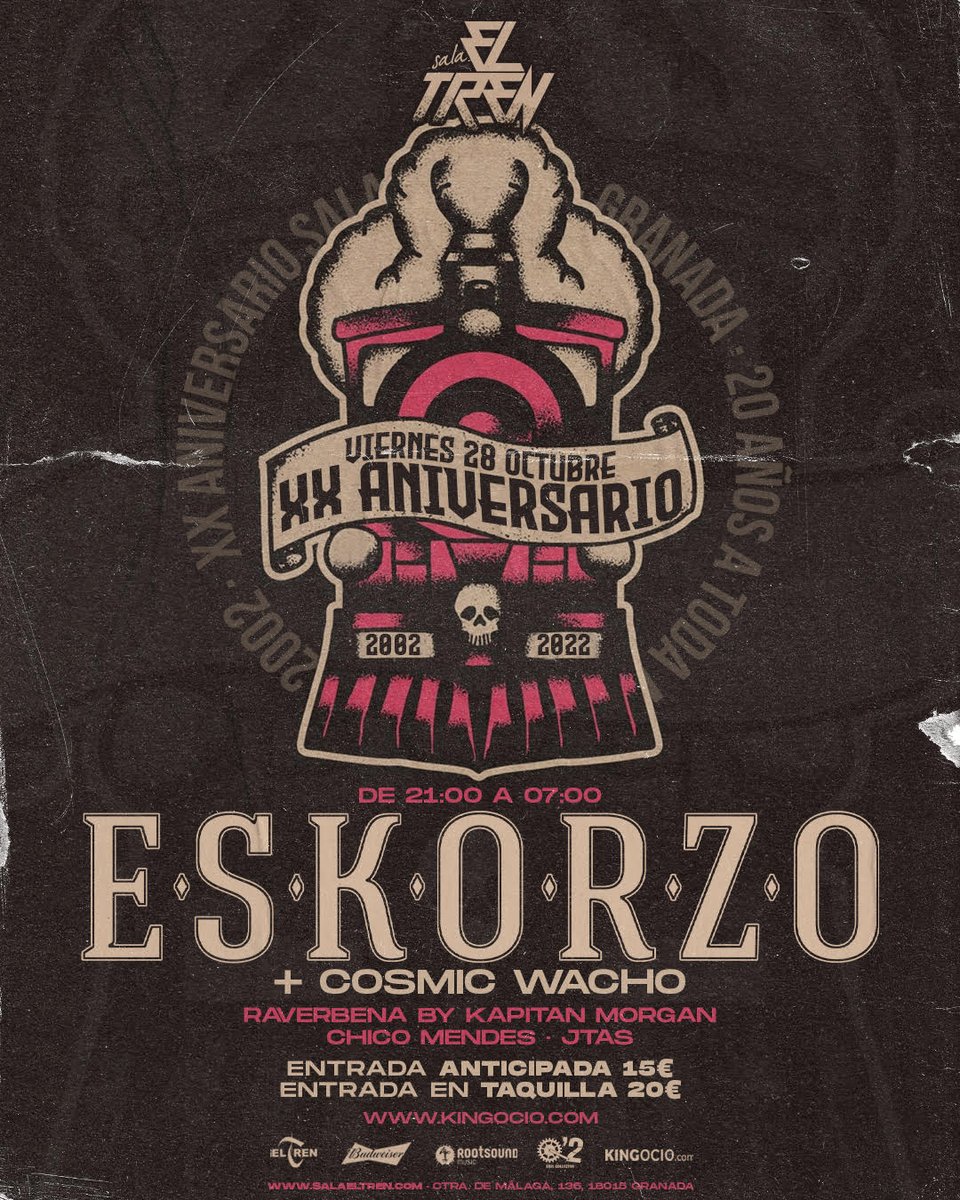 🎶💥FIESTORRO en #GRANADA! No podéis imaginar la ilusión que nos hace celebrar estos 20 añazos de #SalaTren!! 𝘼𝙉𝙄𝙑𝙀𝙍𝙎𝘼𝙍𝙄𝙊 𝘿𝙀 𝙎𝘼𝙇𝘼 𝙀𝙇 𝙏𝙍𝙀𝙉, el 28 de OCTUBRE. Tu entrada aquí: 
👉 salaeltren.com/events/xx-aniv… 
Con @CosmicWacho y #kapitanmorgan #chicomendes #jtas