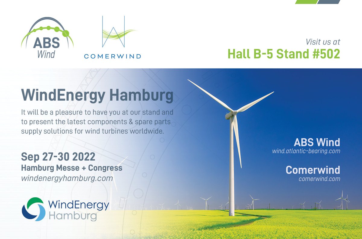 AbsWind's tweet photo. @AbsWind #abswind to present its latest innovations for the global supply of #windturbine components and spare parts at @WindEnergyHH #WindEnergyHamburg https://t.co/Vq27C1Mf68