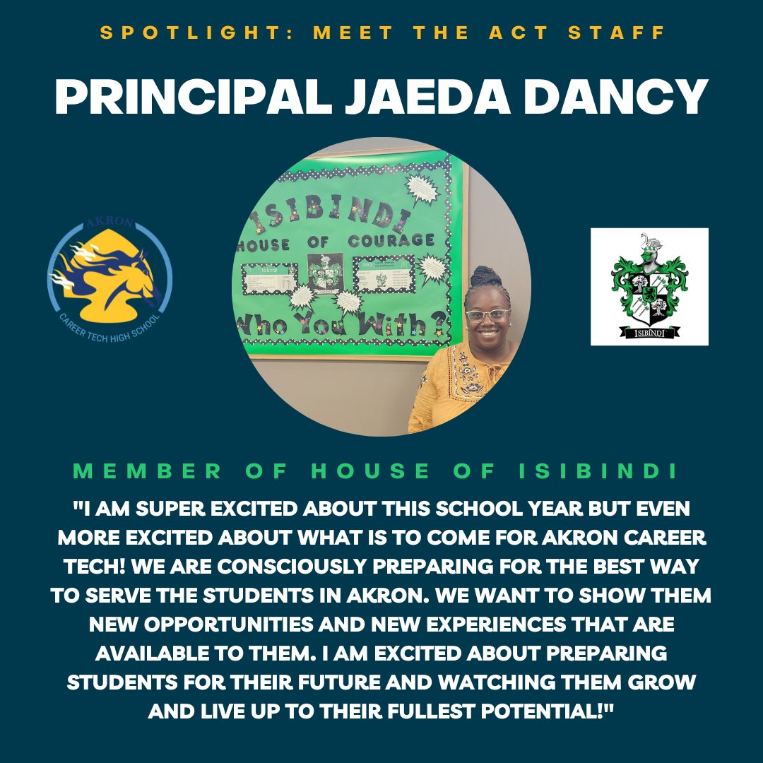 AkronCareerTech's tweet photo. Happy Monday to all! Each day for the next two weeks, we're going to be introducing you to a different member of the Akron Career Tech staff! 

Today we're spotlighting co-principal Jaeda Dancy, a member of the House of Isibindi!

#Akroncareertech #Akron #ACT #ronclarkacademy https://t.co/zxOycNdu1A