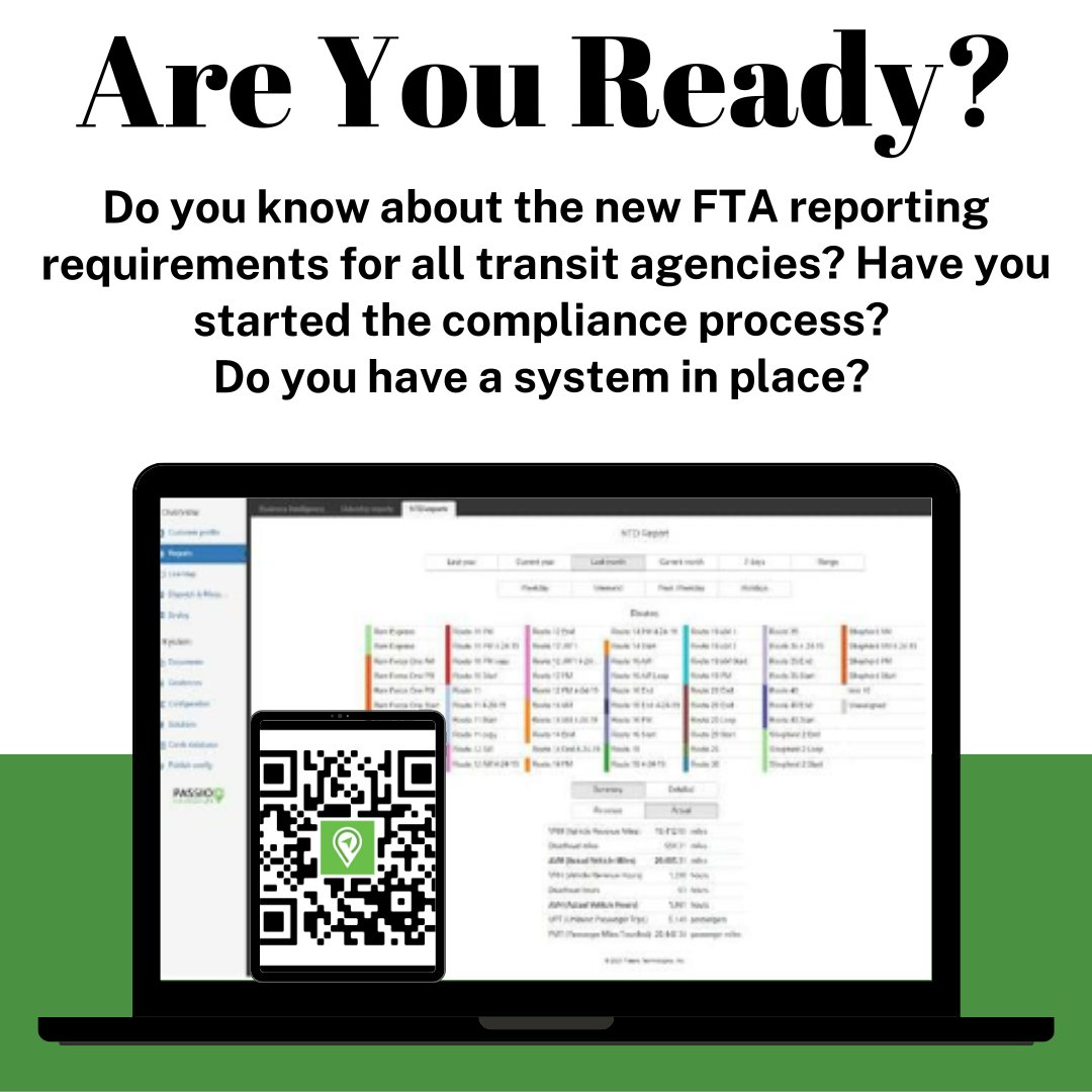 PassioTech's tweet photo. Why not tap the expertise of a longtime transit-technology industry leader? Let Passio shoulder the burden, and quickly and efficiently move your agency towards full FTA compliance—both next year and beyond. Scan QR code to learn more! #Transit #transittechnology #publictransit https://t.co/3DU8rQ3Zmk
