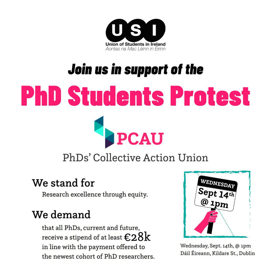 CALL TO PROTEST❗️ 📢 Join us at the Dáil this Wednesday at 1pm to protest alongside the PhDs' Collective Action Union USI demands a minimum annual stipend of €28,000 for all current postgraduate researchers See you there! 🪧 @PhdsPcau
