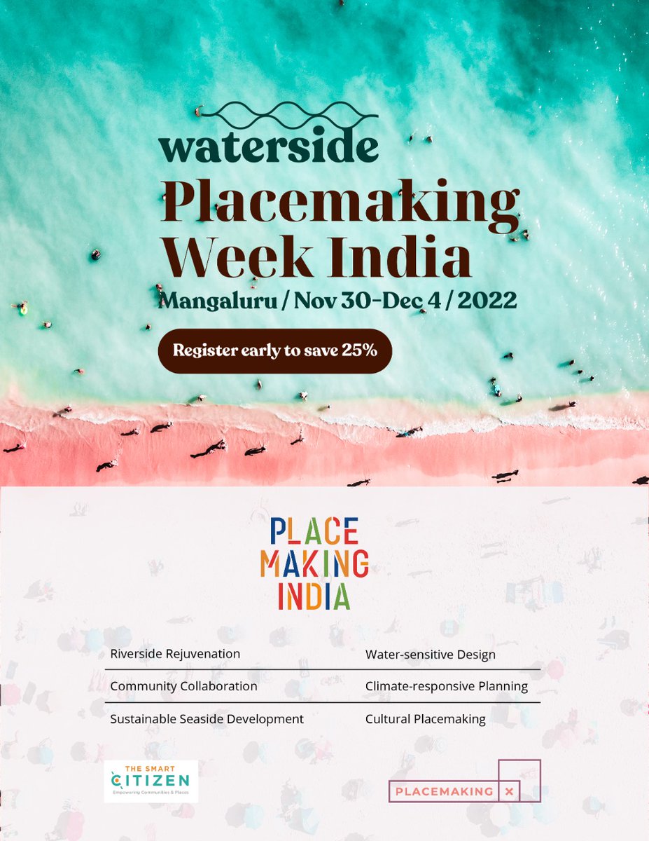 Placemaking_In's tweet photo. Creating public destinations at water-edge can build strong constituency capitals for clean waterbodies!
Register early to avail of a 25% discount for Placemaking Week India 2022, planned around a Waterside theme from November 30 to December 4.
#placemakingX #placemakingindia https://t.co/J0NJeRyUFx