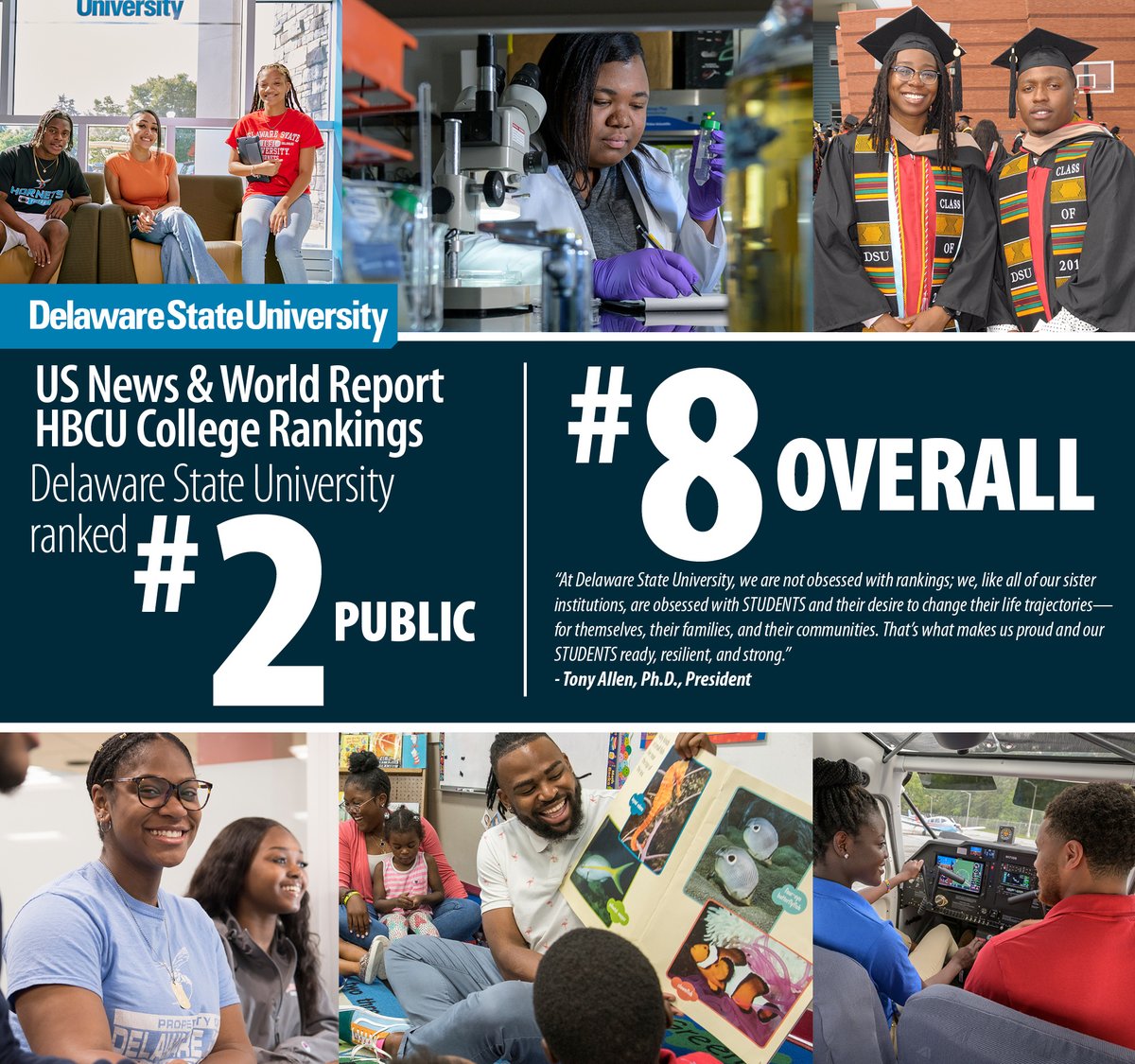 DelStateUniv's tweet photo. Delaware State University has moved to the No. 2 Public HBCU in the United States and No. 8 overall among all HBCUs, both public and private, in the annual U.S. News &amp; World Report  “Best Colleges” rankings. https://t.co/hG6Y6AYTgs #dsu 🔴🔵 https://t.co/ULFiSCdFRJ