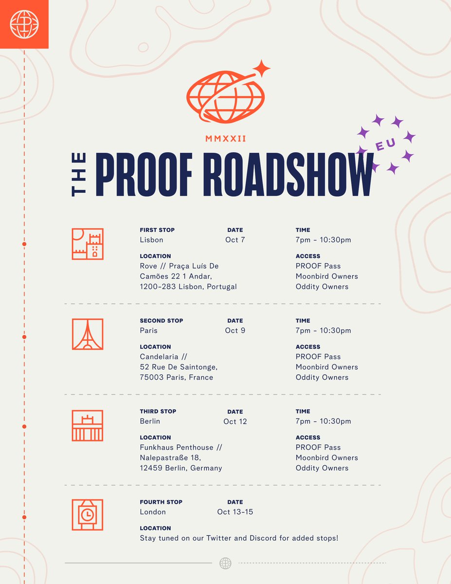 Save the Dates: PROOF is coming to Europe from October 7 - 16! Join the team and local PROOF Collective members, <a href="/moonbirds/">Moonbirds</a>, and <a href="/oddities_xyz/">Moonbirds Oddities</a> for intimate gatherings in Lisbon, Paris, Berlin, and London! Stay tuned - the invite link will be posted tomorrow.