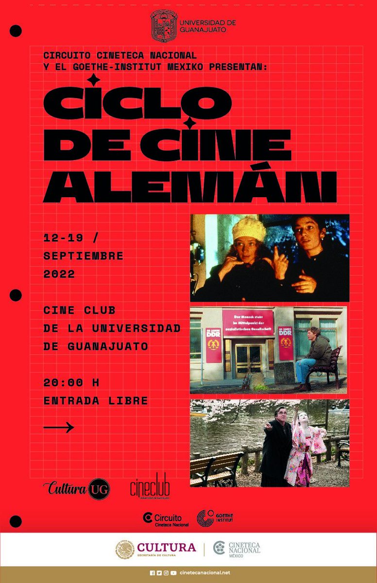 Hoy inicia el Ciclo de Cine Alemán 🇩🇪 un programa diseñado por la <a href="/CinetecaMexico/">Cineteca Nacional</a>  y el <a href="/GI_Mexiko/">Goethe-Institut Mexiko</a> y se proyectará en el <a href="/cineclubug/">Cine Club UG</a> hasta el 19 septiembre
 
Consulta el programa completo 👉 cultura.ugto.mx

🎟Acceso gratuito, cupo limitado