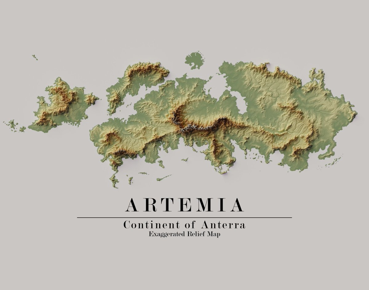 worldanterra's tweet photo. 🗺️ An exaggerated #reliefmap of Artemia, Anterra's northeast continent. Made by member Alcardens on Instagram #cartography #worldbuilding https://t.co/QZJZlA5lSU