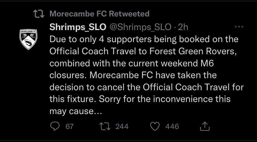 The official Morecambe account publicly embarrassing their own fans by stating only 4 people booked the official club coach is a strange one I must say