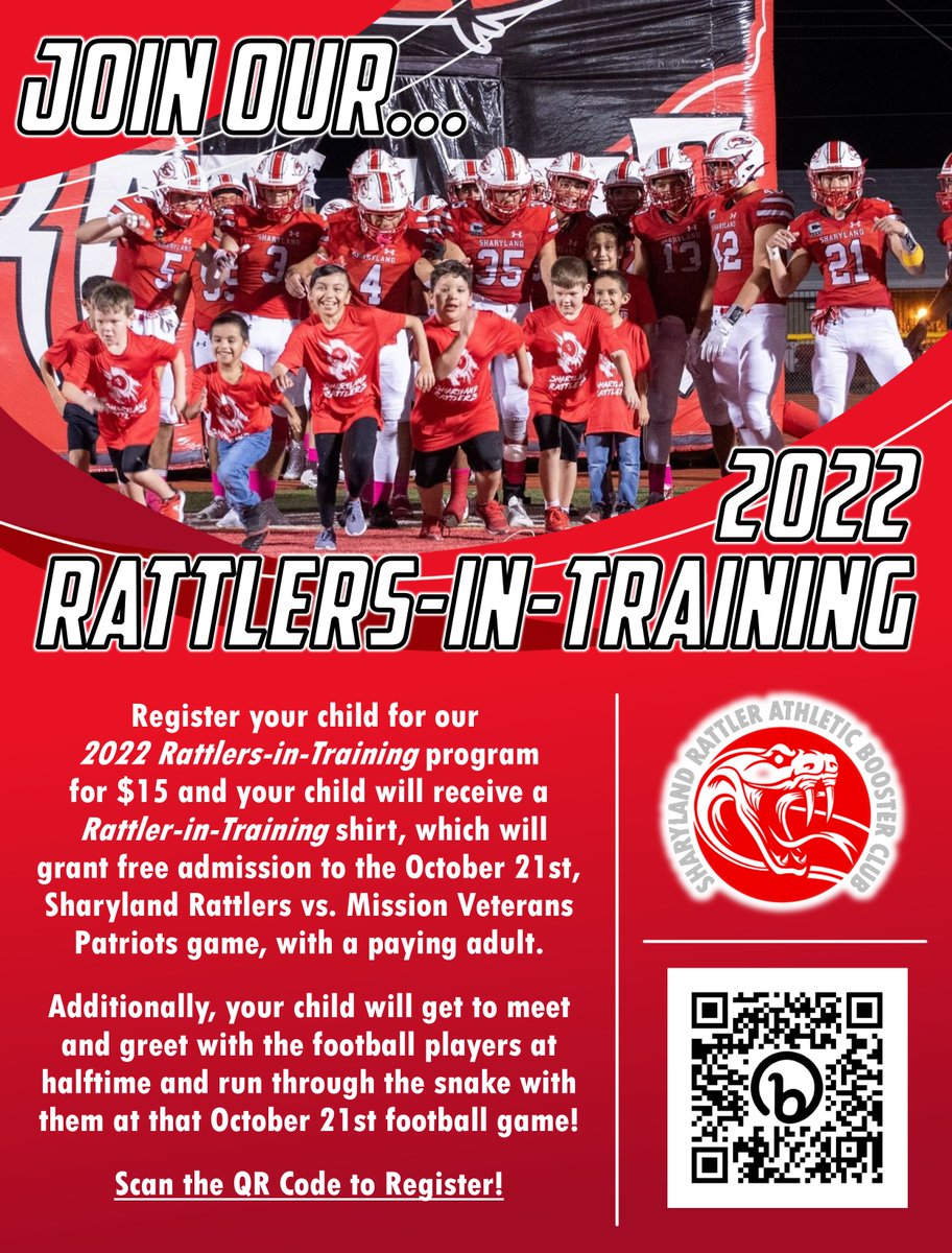 Sign up today! October 21st will be here before you know it 🏈 #WeAreRattlers #StartThemYoung <a href="/TheLatestStrike/">Sharyland Rattlers</a> <a href="/RattlerABC/">Rattlers Athletic Booster Club</a>