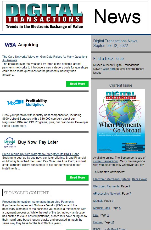 DTPaymentNews's tweet photo. Today’s Digital Transactions News: New Gun Sales Code Raises Questions; Bread Picks Marqeta for BNPL Boost; JPMorgan Acquires Renovite
https://t.co/GyW3dtc7L7
#payments #processing #gunsales #MCC #ecommerce #BNPL #instorecheckout #acquisitions #acquiring https://t.co/Bp3xMD0qUY