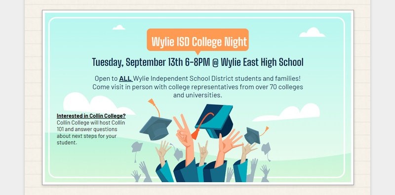Don't forget that the annual 𝘞𝘺𝘭𝘪𝘦 𝘐𝘚𝘋 𝘊𝘰𝘭𝘭𝘦𝘨𝘦 𝘕𝘪𝘨𝘩𝘵 is tomorrow at Wylie East from 6-8 pm! Collin College will host Collin 101 informational sessions in the library at 6:30 pm &amp; 7:15 pm to share about what Collin has to offer our students.