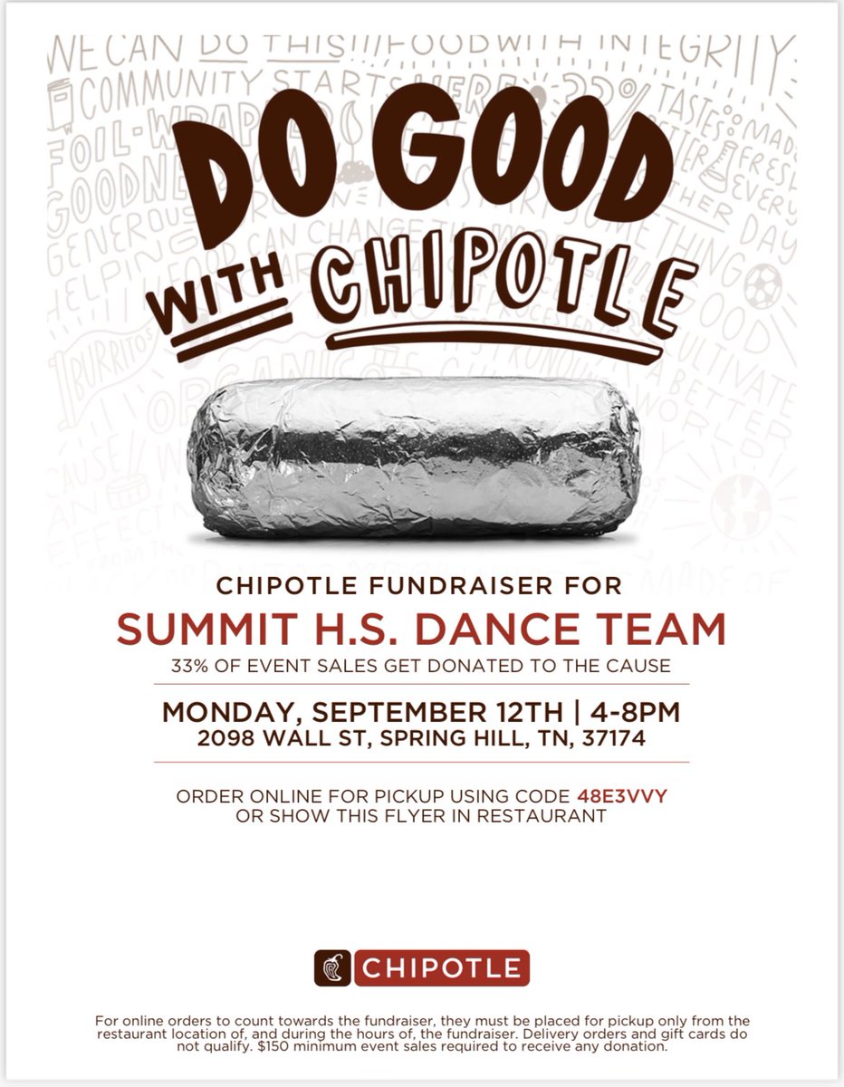 wcsSHSks's tweet photo. HAPPY CHIPOTLE DAY!!! Take a night off cooking and come support Summit Dance Team 4-8pm — show this flyer at checkout or use the mobile code when online ordering. 🌯🌮🫶🏼 https://t.co/4agqSLhyiX