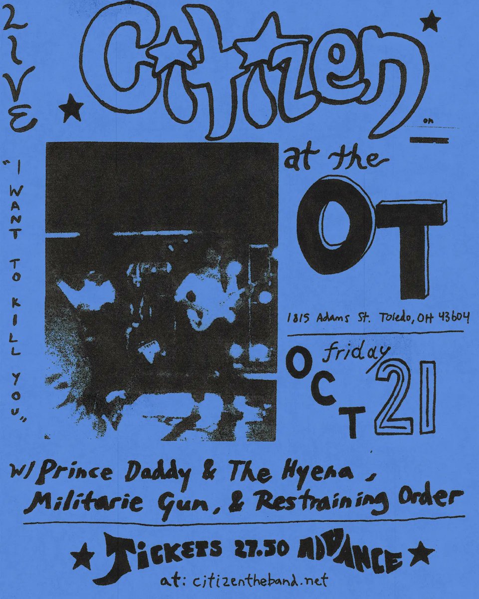 JUST ANNOUNCED: Citizen live inside The Ottawa Tavern Friday, October 21st wsg/ Prince Daddy &amp; The Hyena, Militarie Gun, and Restraining Order!

Tickets on sale Tuesday, 9/13 at 12 p.m. here: bit.ly/3xgALA4