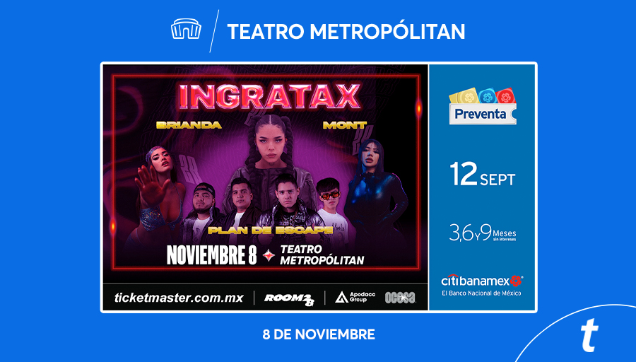 Ticketmaster_Me's tweet photo. 🎤 Ahora inicia la #PreventaCitibanamex, para que cantes junto a @4ingratax + @DeyanaraBrianda + #PlanDeEscape y @monttpantoja en el @TMetropolitanMx 😎
📲 Compra aquí tus 💺💺 desde tu celular 👇
https://t.co/pkws9rGotr https://t.co/PkzoYEZyvv
