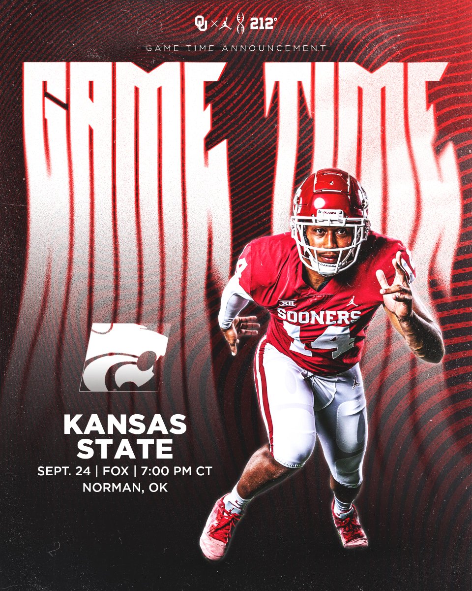 Conference play under the lights‼️

🆚 K-State
🗓 Sept. 24
🕚 7:00pm CT
📺 FOX 
📍 Norman

<a href="/iamreggiegrimes/">Reggie Grimes II</a> | #OUDNA