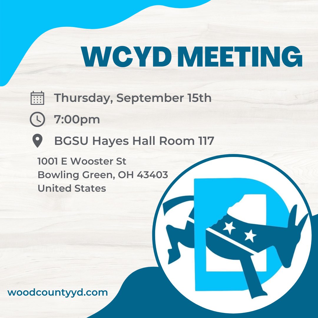 WCYDems's tweet photo. Join us this Thursday at BGSU for our September monthly meeting! #WCYD #OhioDemsb https://t.co/L6VZDH277E