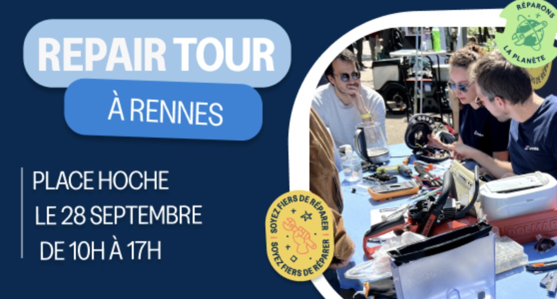 ademe's tweet photo. [#LongueVieAuxObjets] 🛠
Et si on vous apprenait à réparer gratuitement vos appareils domestiques pour les faire durer plus longtemps ? 🤩
➡️ RDV lors du prochain #RepairTour à Rennes ac @spareka en part. ac l'@ademe
📍Le 28/09 de 10h à 17h, place Hoche
👉https://t.co/QNZCLT3g4m https://t.co/zGCNAZ3tfx
