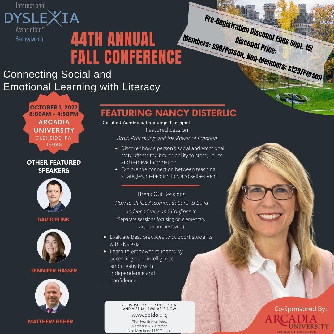 pabranchida's tweet photo. Don't miss Nancy Disterlic on Brain Processing and the Power of Emotion. Pre-Registration Discount for the PBIDA Fall Conference ends Sept. 15th!
Register for In-Person or Virtual at: https://t.co/K61iFCiF0m
#Dyslexia #Literacy #PBIDA #IDA #FallConference https://t.co/G0AR8j2sjK
