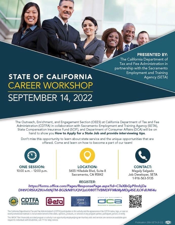 sacpromisezone's tweet photo. Don't forget this CAREER WORKSHOP with the State of California this week on September 14th, 2022 from 10:00Am - 12:00PM.
Scan the QR Code or contact Magaly Salgado: (916) 563-5135 TODAY!
#sacramento #shrapio #SHRA #spz #lashelledozier #cdtfa #seta #oees #scif https://t.co/6fSFM11AFF