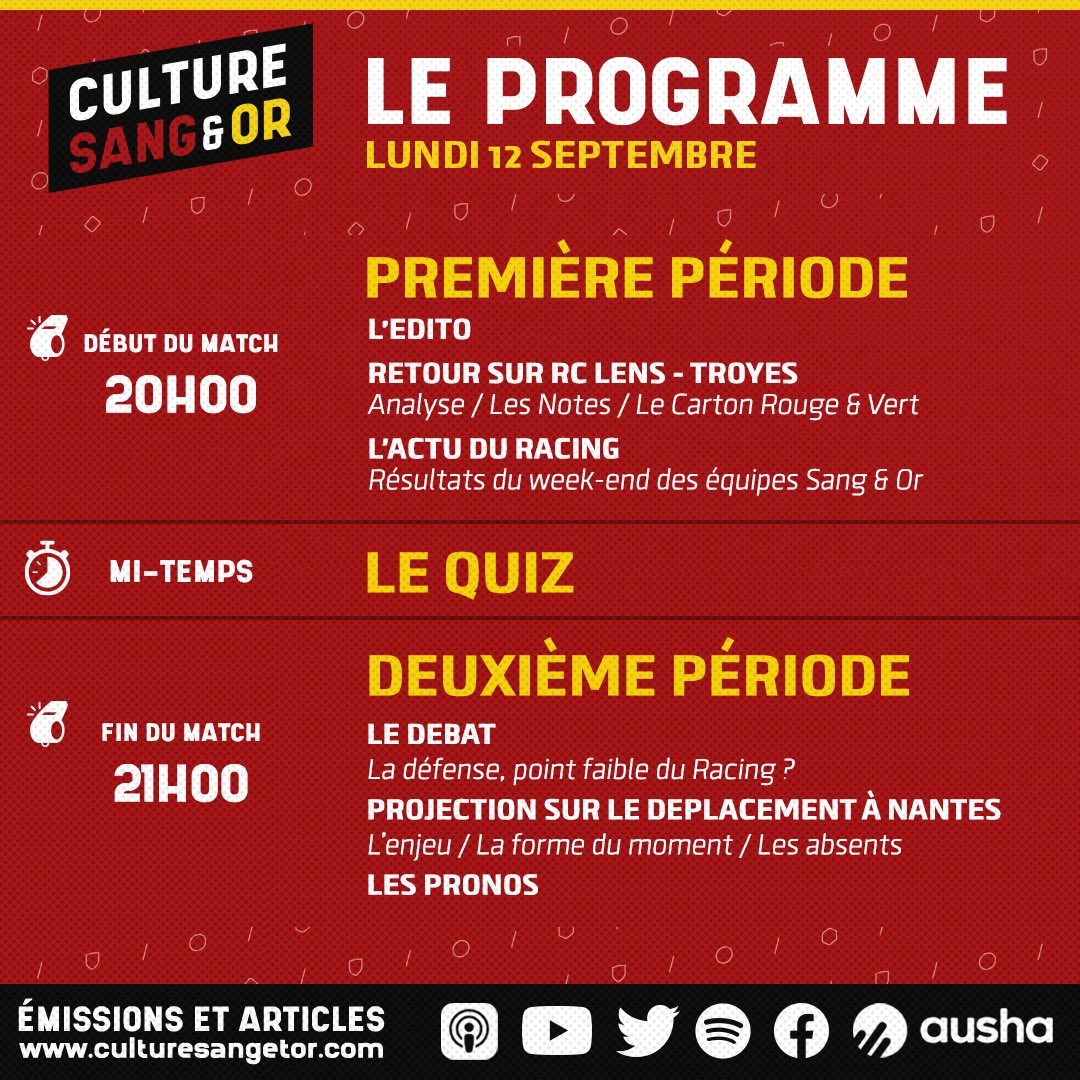 CultureSangEtOr's tweet photo. [Émission | #S3E06]

🚨 Le programme de ce soir !

➡️ l’Edito
➡️ Retour sur #RCLESTAC
➡️ Actu du Racing : Résultats des équipes Sang &amp; Or
➡️ Quiz 
➡️ Le débat : La défense, point faible de l’équipe ?
➡️ Projection sur le déplacement à Nantes
➡️ Pronos

#Lens #RCLens 🔴🟡 https://t.co/jV14gkDcHb