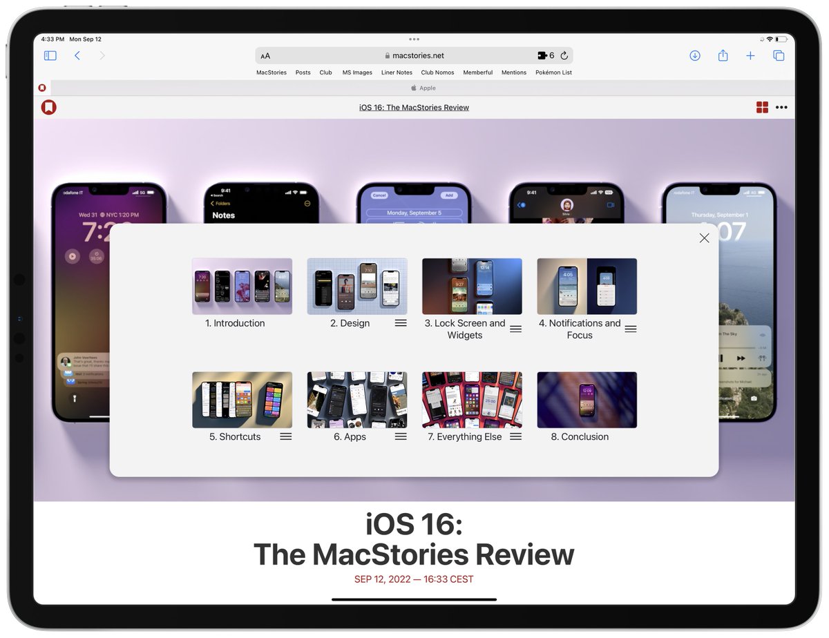 viticci's tweet photo. Lastly:

My goal was to make the review even more approachable. I hope you'll notice that in its balance of style-detail and lower word count ("only" 27k words!).

This is just iOS 16 today. iPadOS 16 is next.

Thank you, all. Enjoy ❤️

https://t.co/3AhnUlEL4b https://t.co/f1qyutHtqn