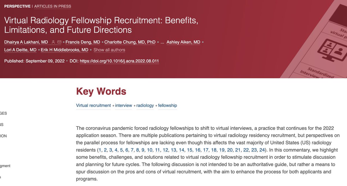 Where is #VirtualRecruitment headed for #Radiology fellowships?  Take a look at the considerations here:
academicradiology.org/article/S1076-…
#RadEd #RadPDs 
@AcadRadiol @EMiddlebrooksMD @LoriDeitte @dhairyalakhani @francisdeng @MohitAgNeurorad @ENThawk @ChungCharlotte