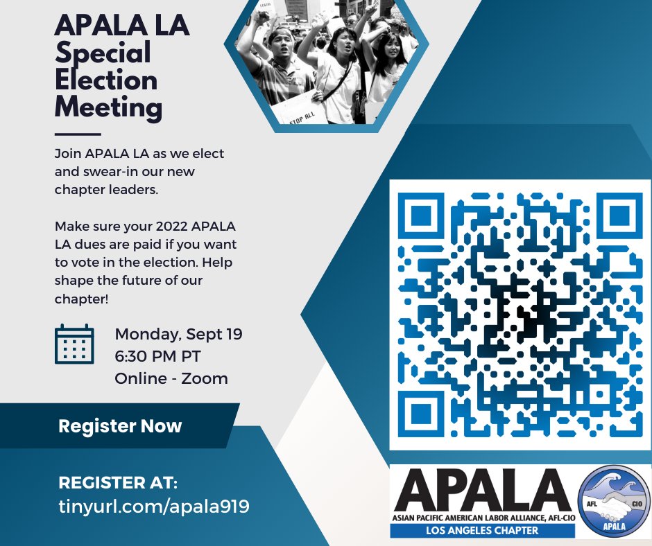 Join us online Monday, 9/19 @ 6:30pm as we elect &amp; swear-in our new chapter leaders! 

Make sure your membership is up-to-date if you want to vote. You must have your 2022 APALA LA dues paid by 9/18 in order to receive an online ballot.

Register: tinyurl.com/apala919