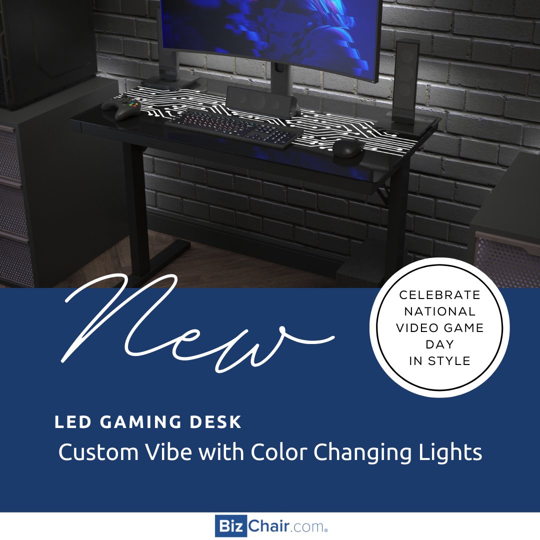 BizChair's tweet photo. In honor of #NationalVideoGameDay, we're sharing our newest Gaming Desk with you. Color changing LED lights let you set the mood via remote control SHOP: https://t.co/nAppvDpDtx
.
.
.
#gamer #videogames #gamingdesk #gamersetup #PCGaming #furniture #videogamer https://t.co/nTQEONN7gl