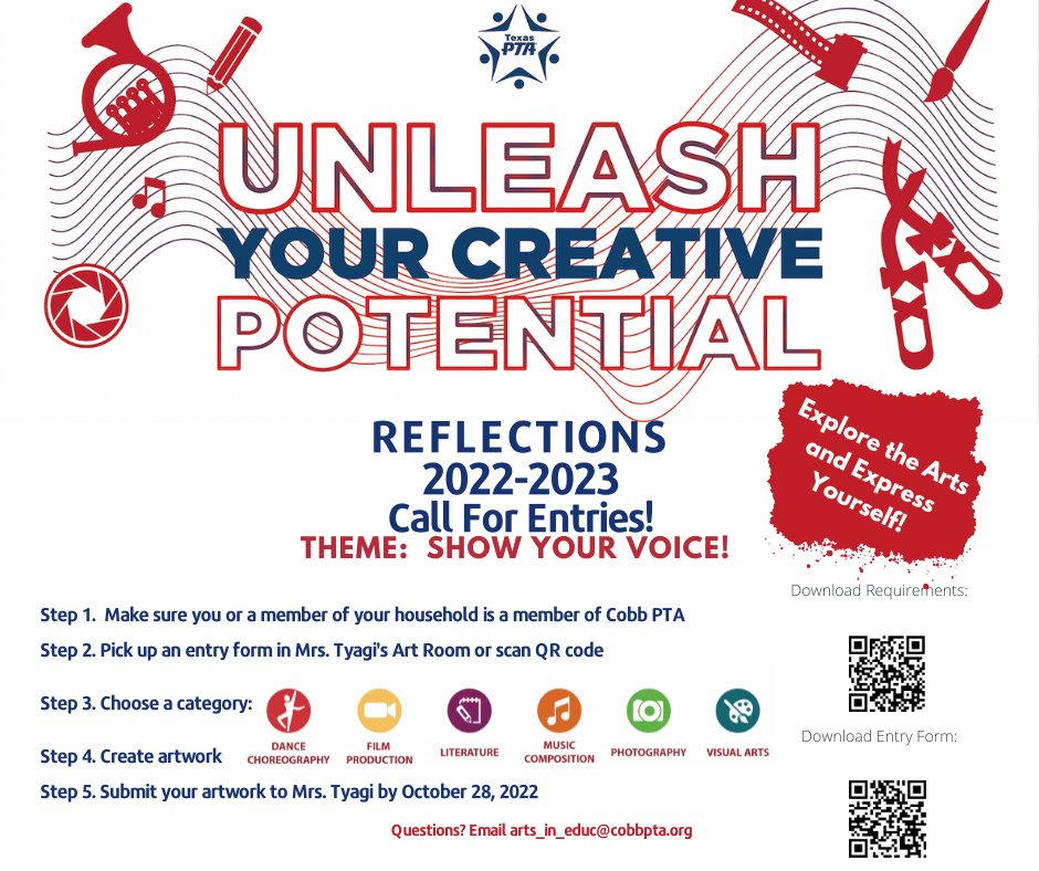 The PTA Reflections Program 🎭 launches at Cobb today! This year’s theme is Show Your Voice. Please encourage your kids to participate. 🎨