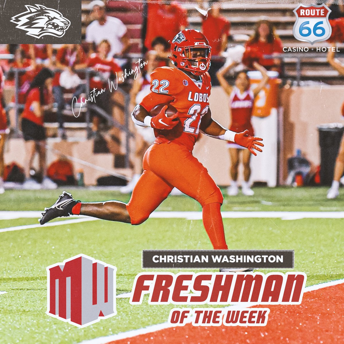 UNMLoboFB's tweet photo. Congrats to @BigmovesWash on winning @MountainWest Freshman of the Week honors!!!

#GoLobos | #WIN5

https://t.co/fIUUbH8amn https://t.co/rNogpAkbPP