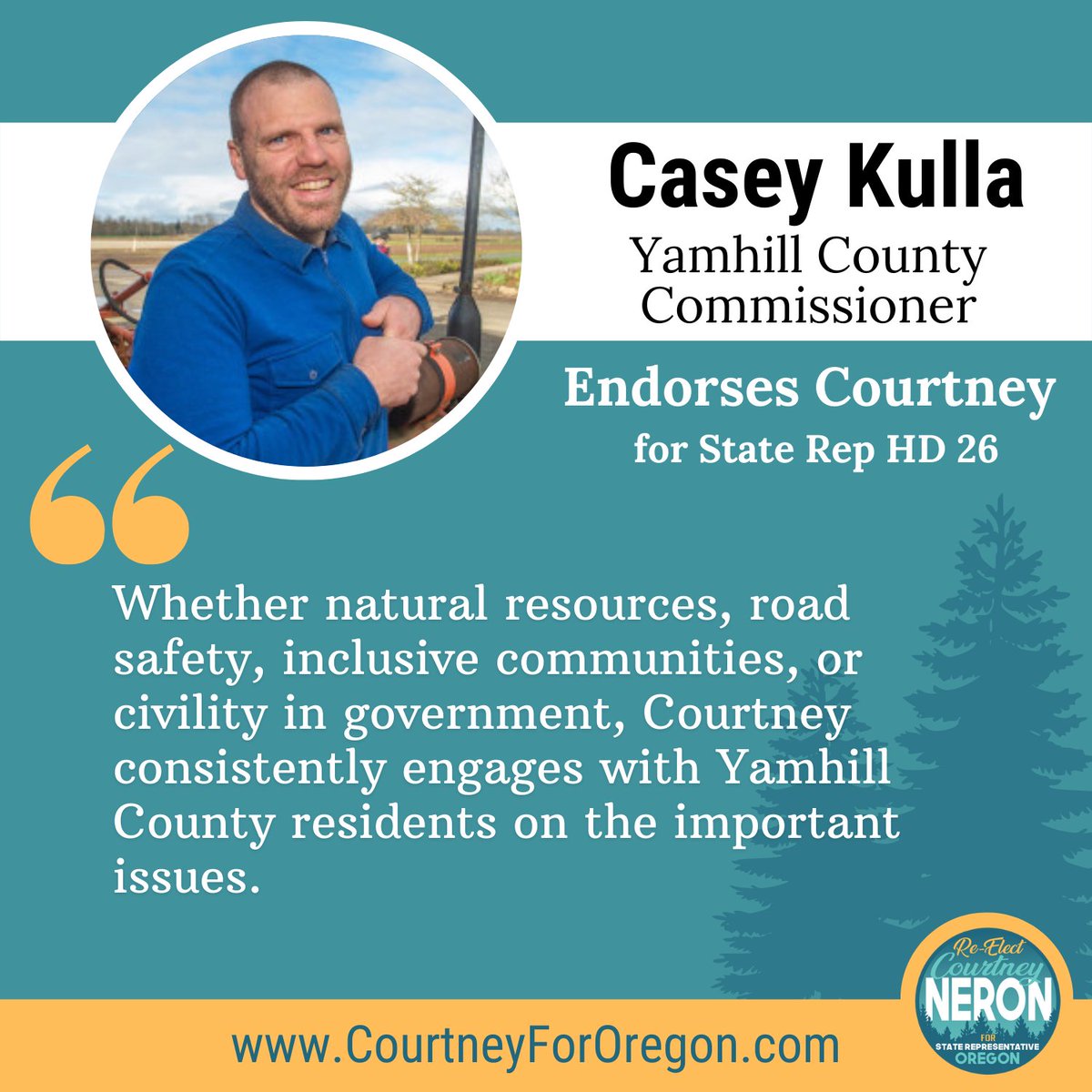 CourtneyForHD26's tweet photo. Yamhill County Commissioner Casey Kulla is known for his connection to his community. From climate action to water and transportation infrastructure, this rural democratic farmer and commissioner dives right into the issues that impact us all. I am honored to have his support. https://t.co/TuXk3rcfEr