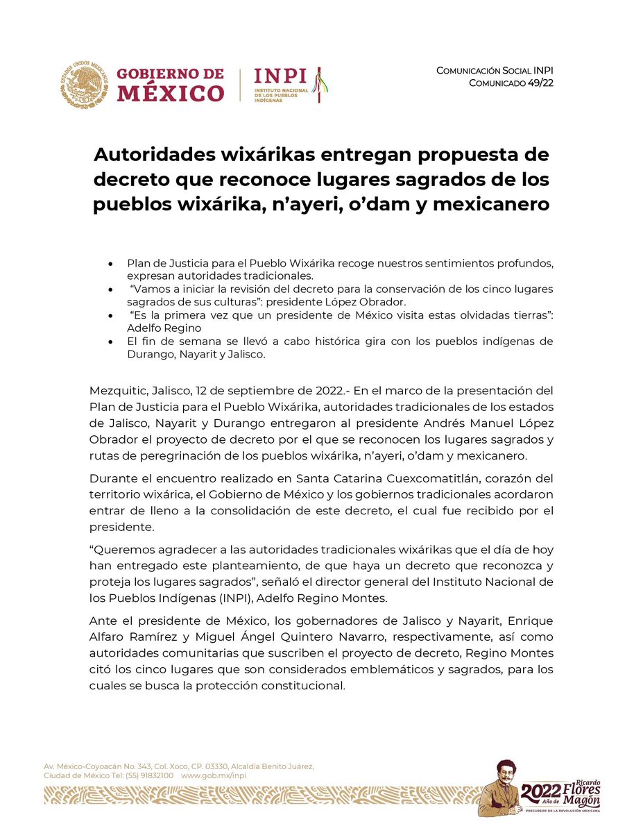 INPImx's tweet photo. #COMUNICADO | 📰🗞

Autoridades wixárikas entregan propuesta de decreto que reconoce lugares sagrados de los pueblos wixárika, n’ayeri, o’dam y mexicanero.

➡️https://t.co/KR1uDKpI5B

@GobiernoMX @DEELAYUUK https://t.co/hzZTYhg95X